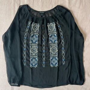 Lucky Brand Black Embellished Long Sleeve Sheer Blouse